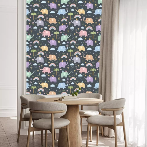 Tapete Bunte Elefanten, Blumen, Regenbögen und Wolken