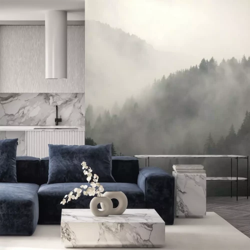 Fototapete Morgennebel über den Bäumen in den Bergen