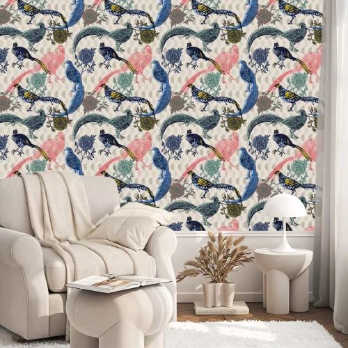 Tapete Mosaik mit Vögeln und Blumen