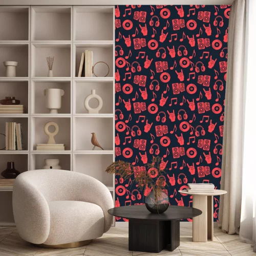 Tapete Musikalischer vektorhintergrund, Musikzusätze nahtloses Muster. Silhouette Zeichnung Kopfhörer, CD-CD, Platte, Lautsprecher, Notizen und Finger Geste Ziege in den roten Farben auf einem dunkelblauen