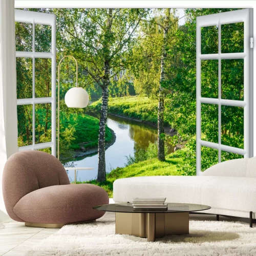 Fototapete Fenster mit Blick auf einen Fluss in einem grünen Park