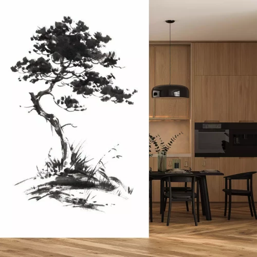 Sticker Sumi-e, u-sin, gohua Malerei Stile. Silhouette aus schwarzen Pinselstriche isoliert auf weißem Hintergrund.