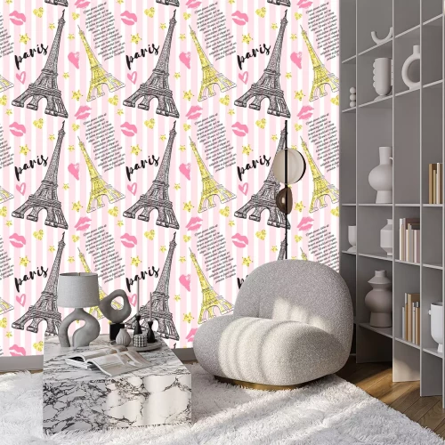 Tapete Paris. Jahrgang nahtlose Muster mit Eiffelturm, Küsse, Herzen und Sterne mit goldenen Glitter Folie Textur auf gestreiften Hintergrund. Retro Hand gezeichnet Vektor-Illustration