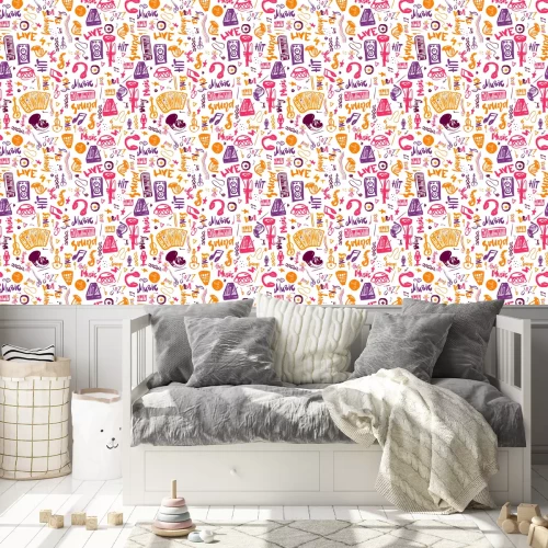 Tapete Musik-Symbole lustige Hand gezeichnet nahtlose Muster mit Elemen und Schriftzug.