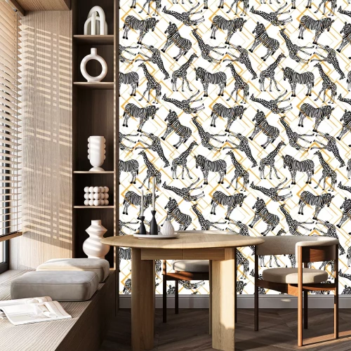 Tapete Monochrome Zebras und Giraffen auf buntem Hintergrund