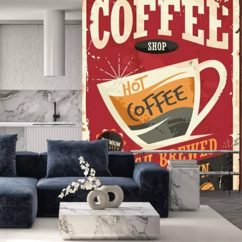 Sticker Coffee-Shop Retro-Zinn-Zeichen-Design mit Kaffeetasse auf rotem Hintergrund