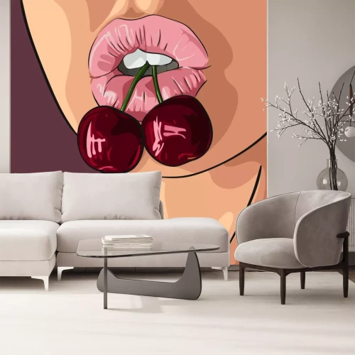 Sticker Frau mit schönen Lippen beißen Kirsche. Abbildung