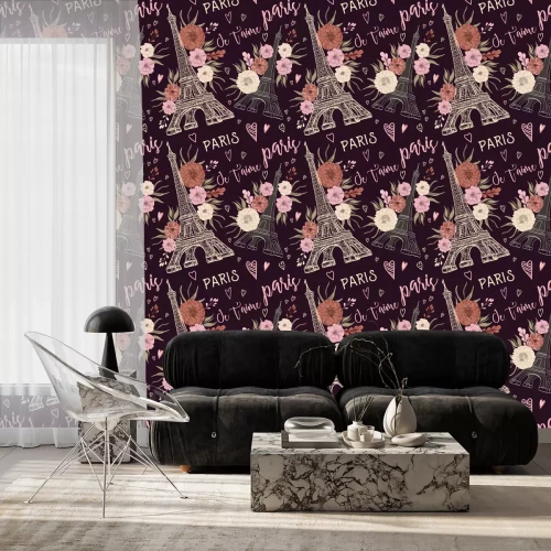 Tapete Paris. Jahrgang nahtlose Muster mit Eiffelturm, Herzen und floralen Elementen in Aquarell-Stil. Retro Hand gezeichnet Vektor-Illustration