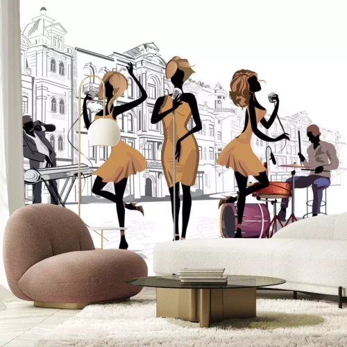 Sticker Musikband spielt vor einer Kulisse von Mietshäusern