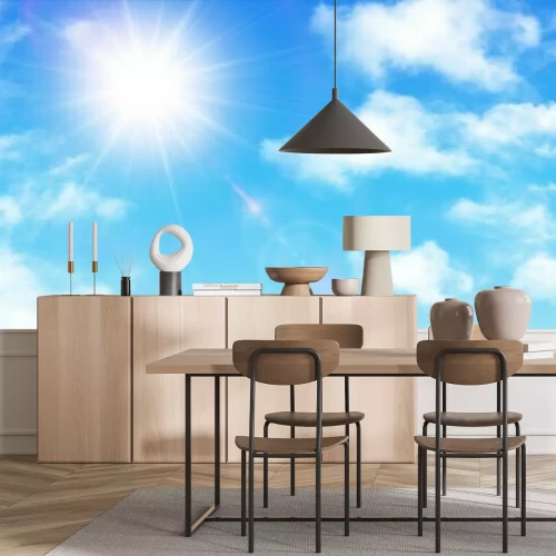 Fototapete Blauer Himmel mit weißen Wolken und strahlender Sonne