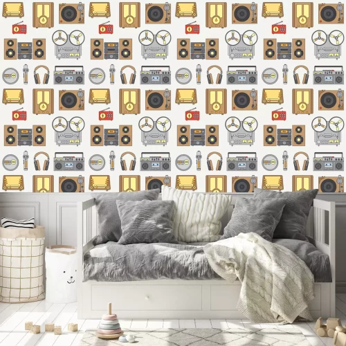 Tapete Line flachen Vektor-Icon-Set mit retro elektrischen Audio-Geräte. Analogübertragung. Musik-Fan. Zeichentrickfilm. Nostalgie musikalische Ausrüstung. Vektor-Illustration und Element für Ihr Design. Kom