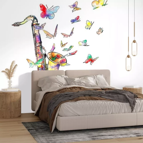 Sticker Regenbogen-Saxophon mit ausfliegenden Schmetterlingen