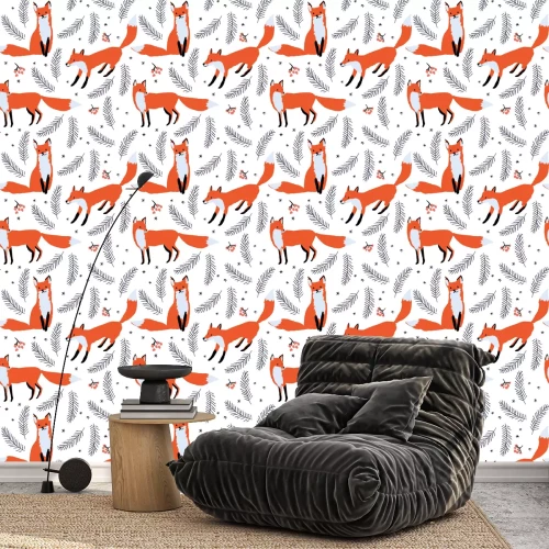 Tapete Füchse und Pflanzen auf weißem Hintergrund