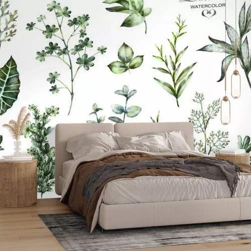 Fototapete Aquarellsammlung mit Kräutern und exotischen Blättern