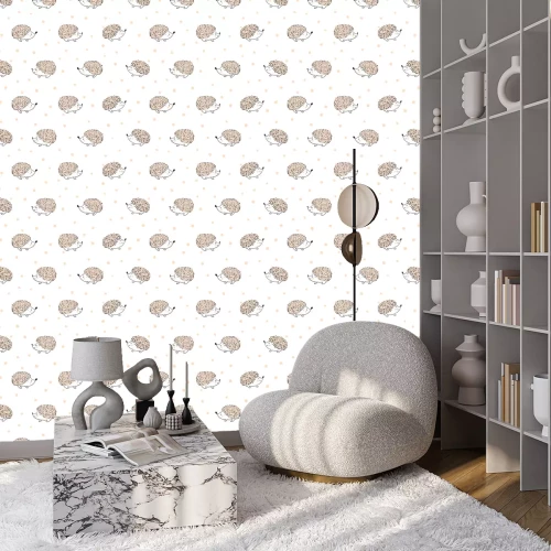 Tapete Igel und Punkte auf weißem Hintergrund