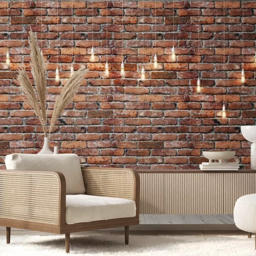 Fototapete Ziegelmauer mit hängenden Glühbirnen