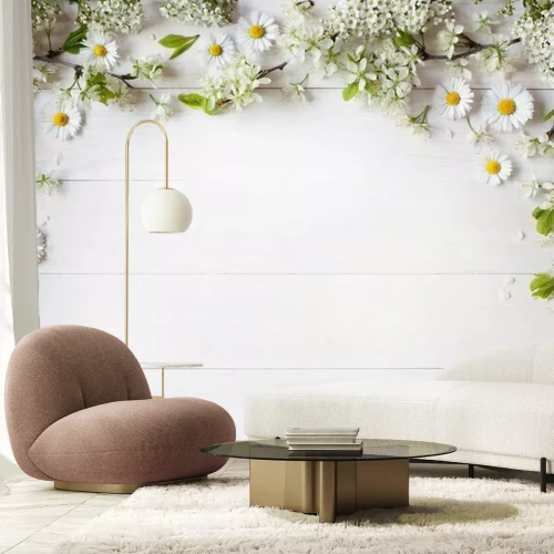 Fototapete Gänseblümchen bilden einen Rahmen auf weißen Tafeln