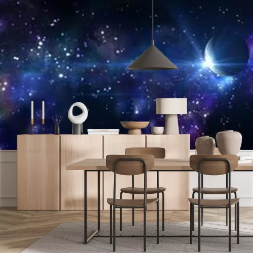 Fototapete Panoramablick mit einem Planeten im Weltraum