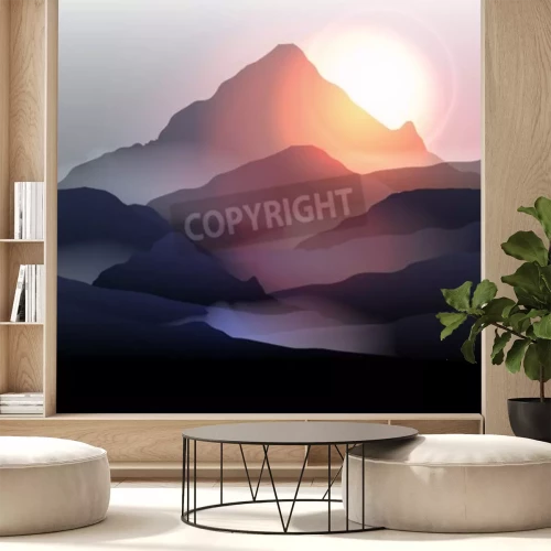 Fototapete Grafischer Sonnenaufgang hinter den Bergen