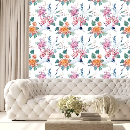 Tapete Kraniche und bunte Blumen