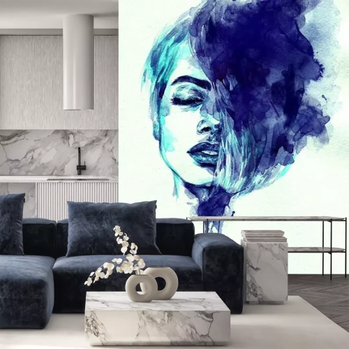 Sticker Blaue Aquarellmalerei eines Mädchengesichts