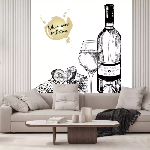 Sticker Weißwein Käse Pflaume schwarz-weiße Grafik