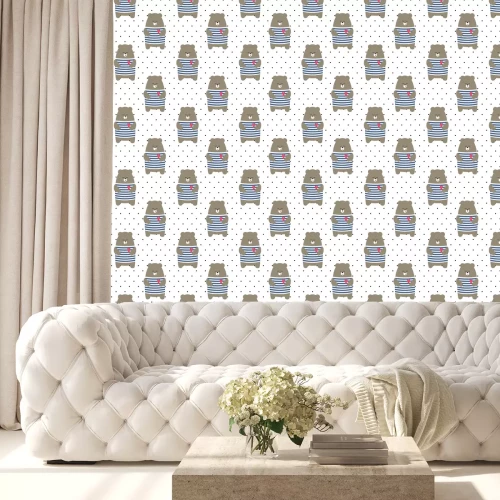 Tapete Cute tragen nahtlose Muster auf Polka Dots Hintergrund. Cartoon parisian Teddybär-Vektor-Illustration. Kind Zeichnung Stil Tier Hintergrund. Design für Stoff, Textil etc.