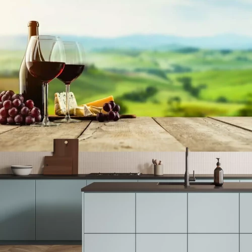 Fototapete Wein mit Käse auf Brettern