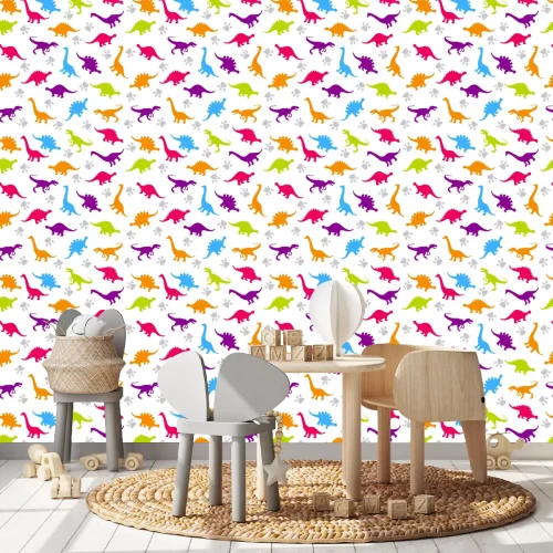 Tapete Bunte Silhouetten von Dinosauriern