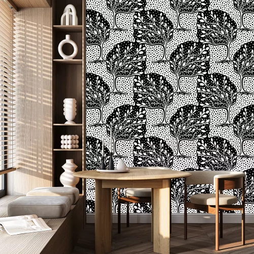 Tapete Nahtlose Muster, Vektor Hand gezeichnet wiederholen Illustration, dekorative ornamentale stilisierte endlose Bäume. Schwarz und weiß astract Seamles grafische Darstellung. Künstlerische linie zeichnun