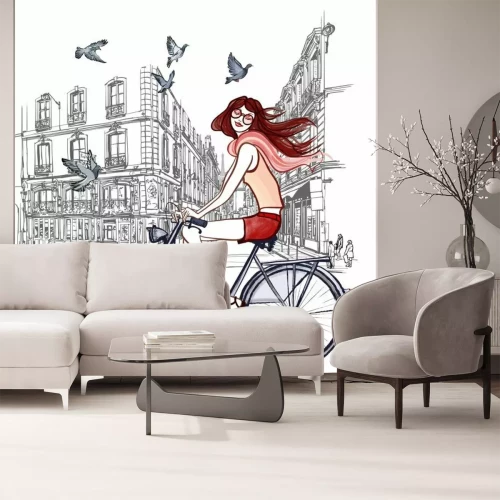 Fototapete Frau mit dem Fahrrad in Paris