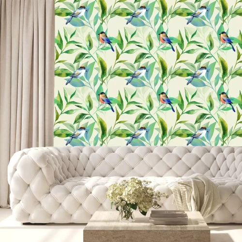Tapete Aquarellvögel und grüne Blätter