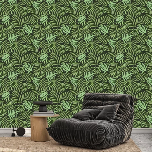 Tapete Blätter auf dunkelgrünem Hintergrund