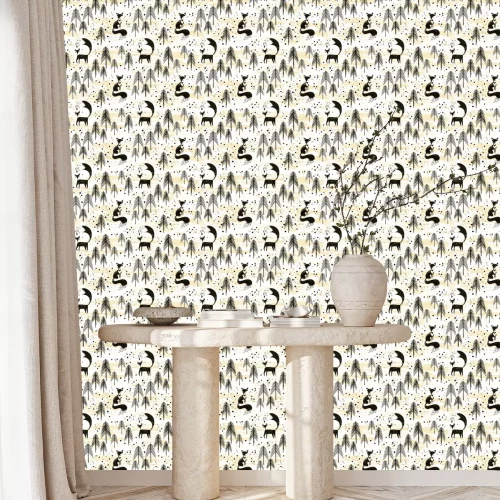 Tapete Schwarze Füchse und Bäume auf gelbem Hintergrund