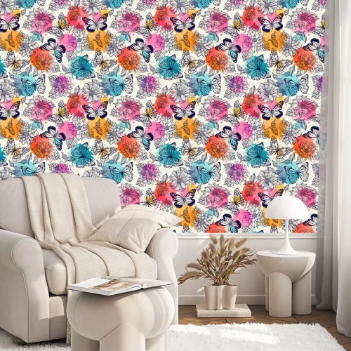 Tapete Schmetterlinge und Blumen auf einem Aquarellhintergrund