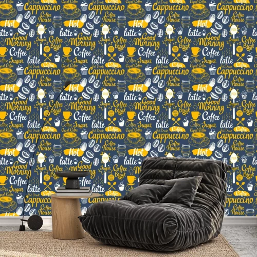 Tapete Nahtlose Skizze Hintergrund. Heißgetränkmenü. Vektor-Illustration-Muster mit Tasse, Kaffeemaschine, Bohnen, Löffel, Etiketten.