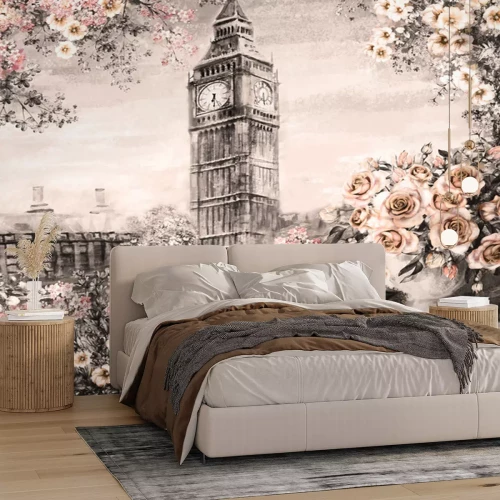 Fototapete Ölgemälde, Sommer in London. Sanfte Stadtlandschaft. Blume Rose und Blatt. Blick von oben Balkon. Big Ben, England, Hintergrundbilder. Aquarell moderne Kunst. Sepia