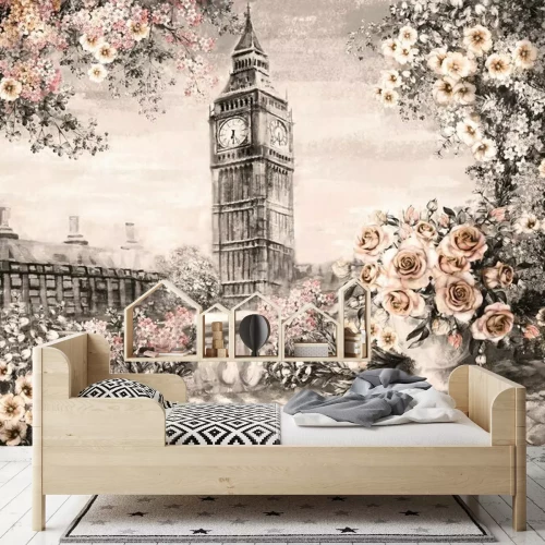 Fototapete Ölgemälde, Sommer in London. Sanfte Stadtlandschaft. Blume Rose und Blatt. Blick von oben Balkon. Big Ben, England, Hintergrundbilder. Aquarell moderne Kunst. Sepia