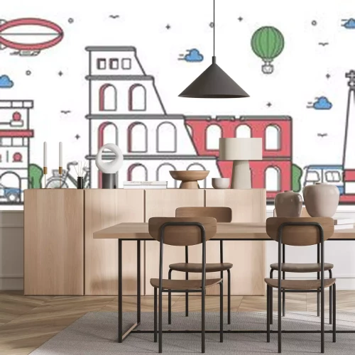 Sticker Reisen in Rom Stadt banner Vektor-Illustration. Weltweites Reisekonzept mit berühmten modernen und alten architektonischen Sehenswürdigkeiten. Rom Stadtbild Panorama, historische Wahrzeichen Linie Des