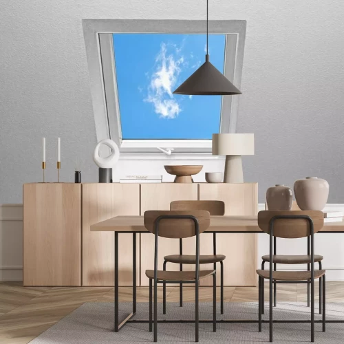 Fototapete Fensterblick auf blauen Himmel und Wolken