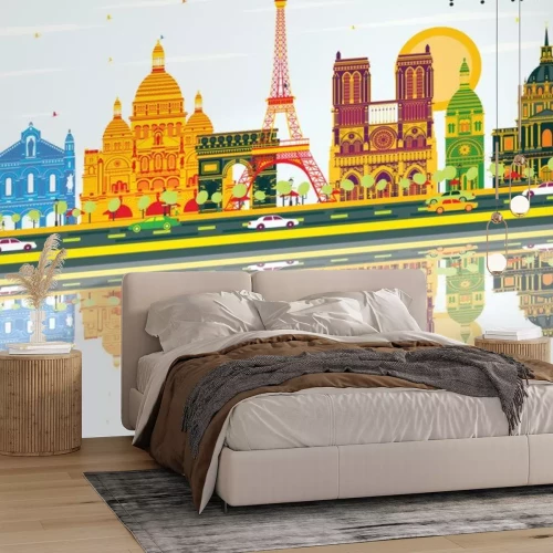 Sticker Paris Skyline mit Farbe Gebäude, Blauer Himmel und Reflexionen.