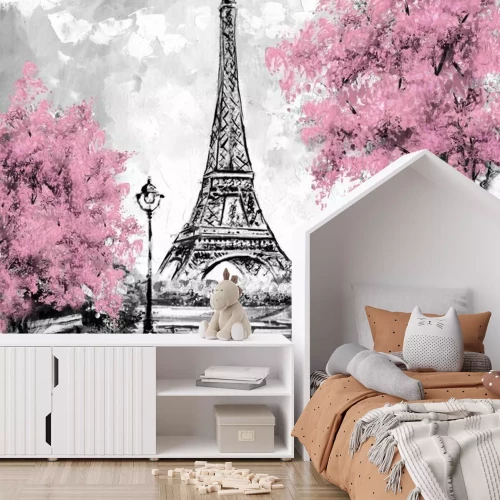 Fototapete Der Eiffelturm mit rosa Bäumen im malerischen Stil