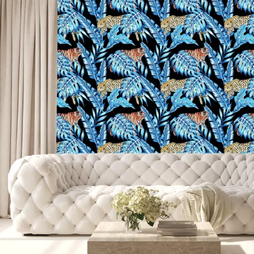 Tapete Blue banana leaves tiger leopard seamless black background