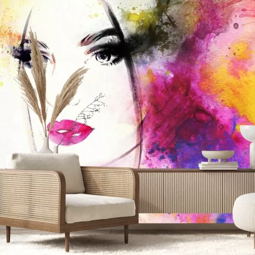 Fototapete Ein Frauengesicht vor einem farbenfrohen malerischen Hintergrund