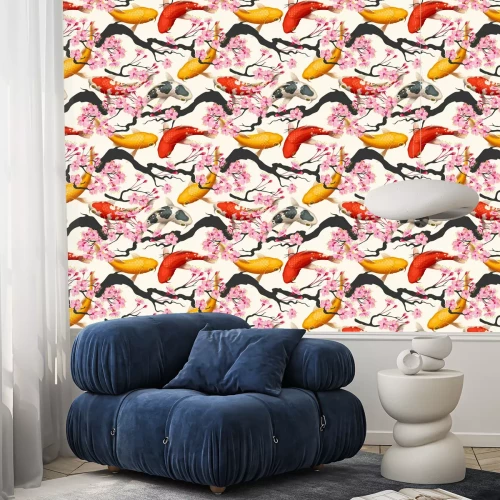 Tapete Fisch und rosa Blumen im orientalischen Stil