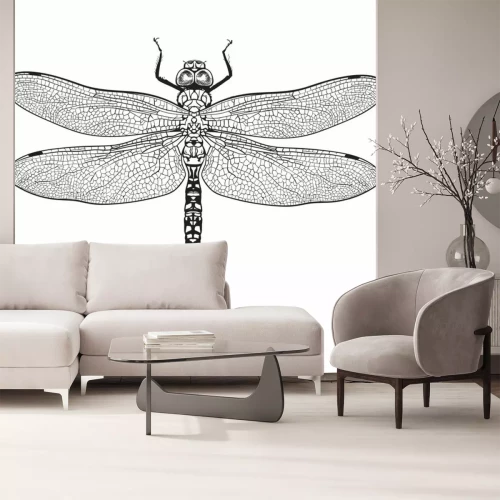 Sticker Schwarz-weiße Zeichnung einer realistischen Libelle