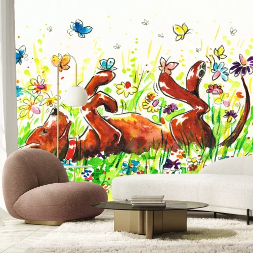 Sticker Hund auf der Wiese mit Schmetterlingen und Blumen