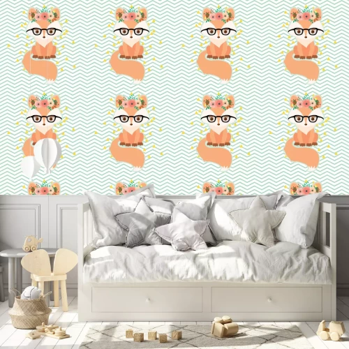 Tapete Fuchs mit Brille und Blumenkranz auf dem Kopf