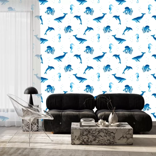 Tapete Krakendelfine und Seepferdchen für Kinder