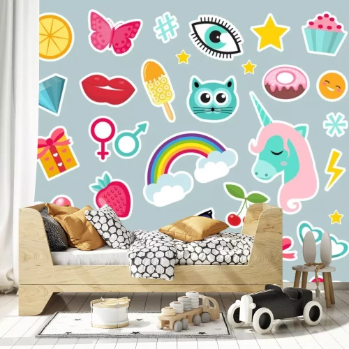 Sticker Sammlung von einfachen farbenfrohen fröhlichen Grafiken